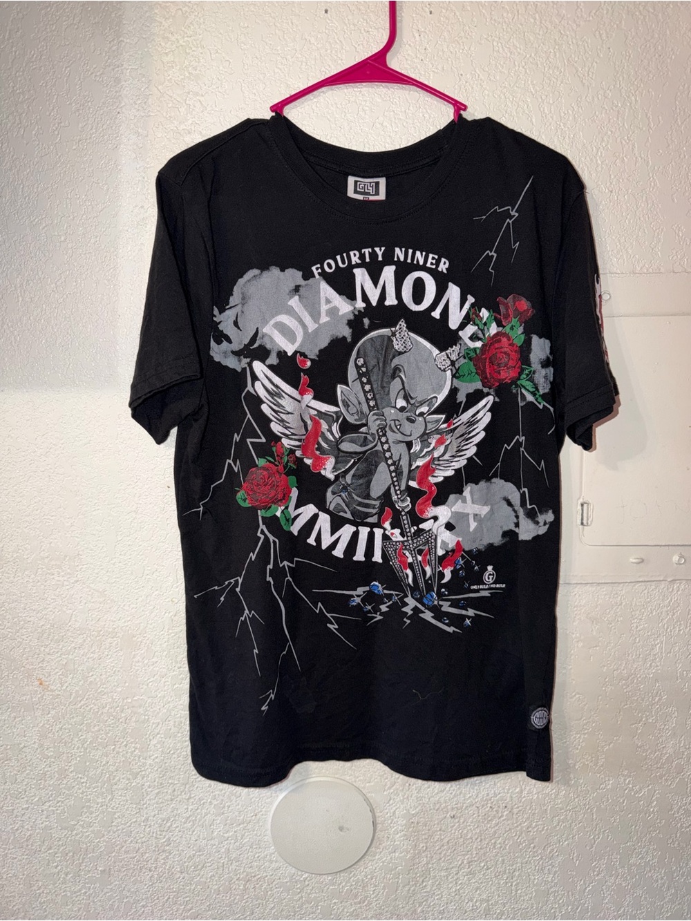 Graphic Short Sleeve Tee with Red Rose Accents